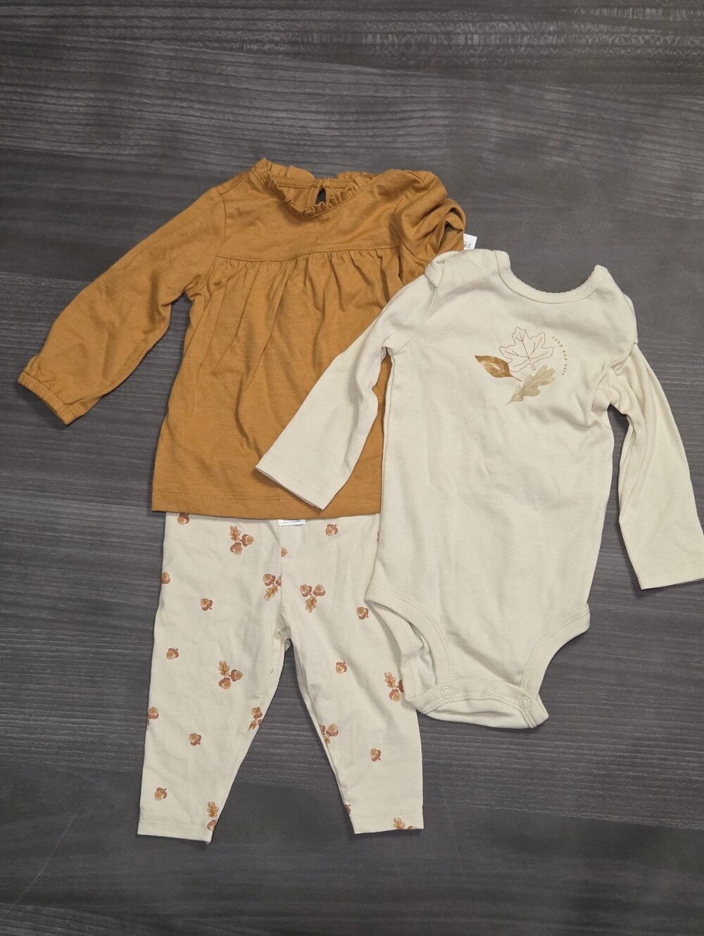 NWT Carters Baby Girls Acorn and Fall Leaves Shirt, Bodysuit & Pants 3 Piece 6M